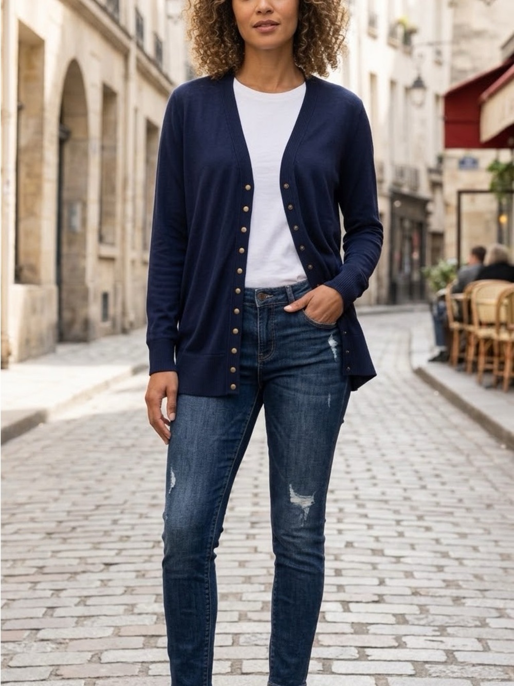 Leo & Nicole Navy Blue Button-Front Cardigan